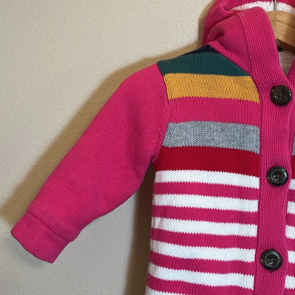 Hanna Andersson Pink Striped Fleece Lined Knit Button Sweater